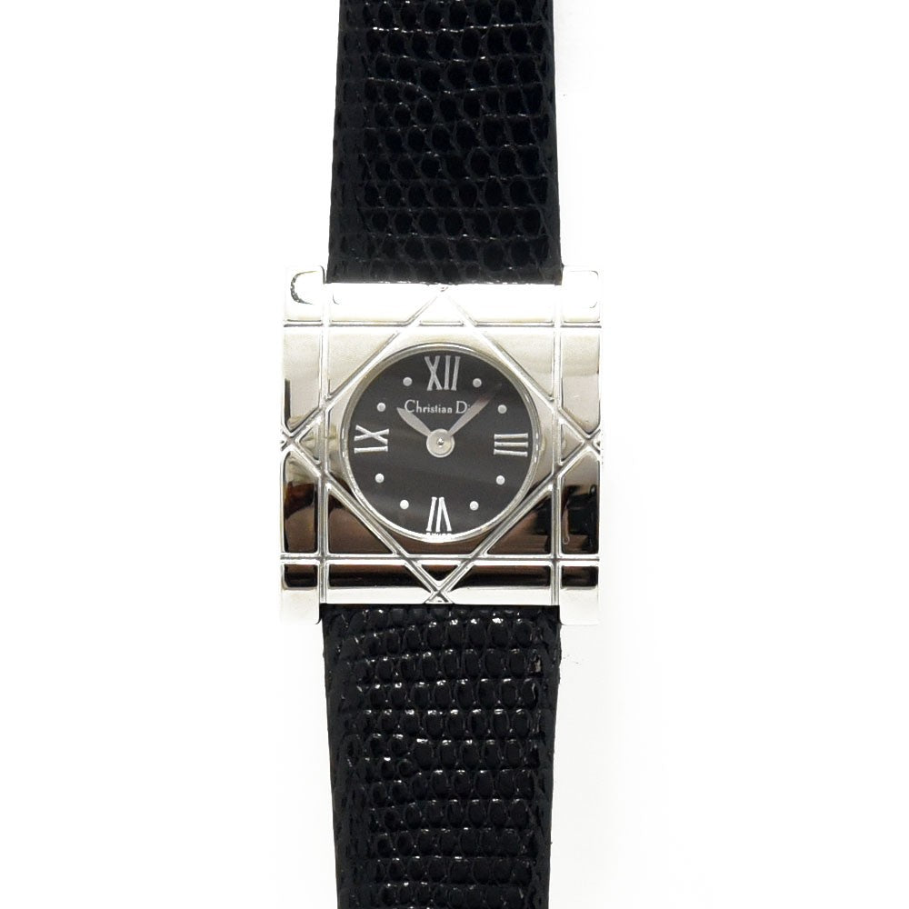 VINTAGE WATCHES FASHIONのChristian Diorレディース腕時計。カナージュ柄のスクエアケースとブラックのレザーベルトが特徴的なエレガントなアナログ時計。