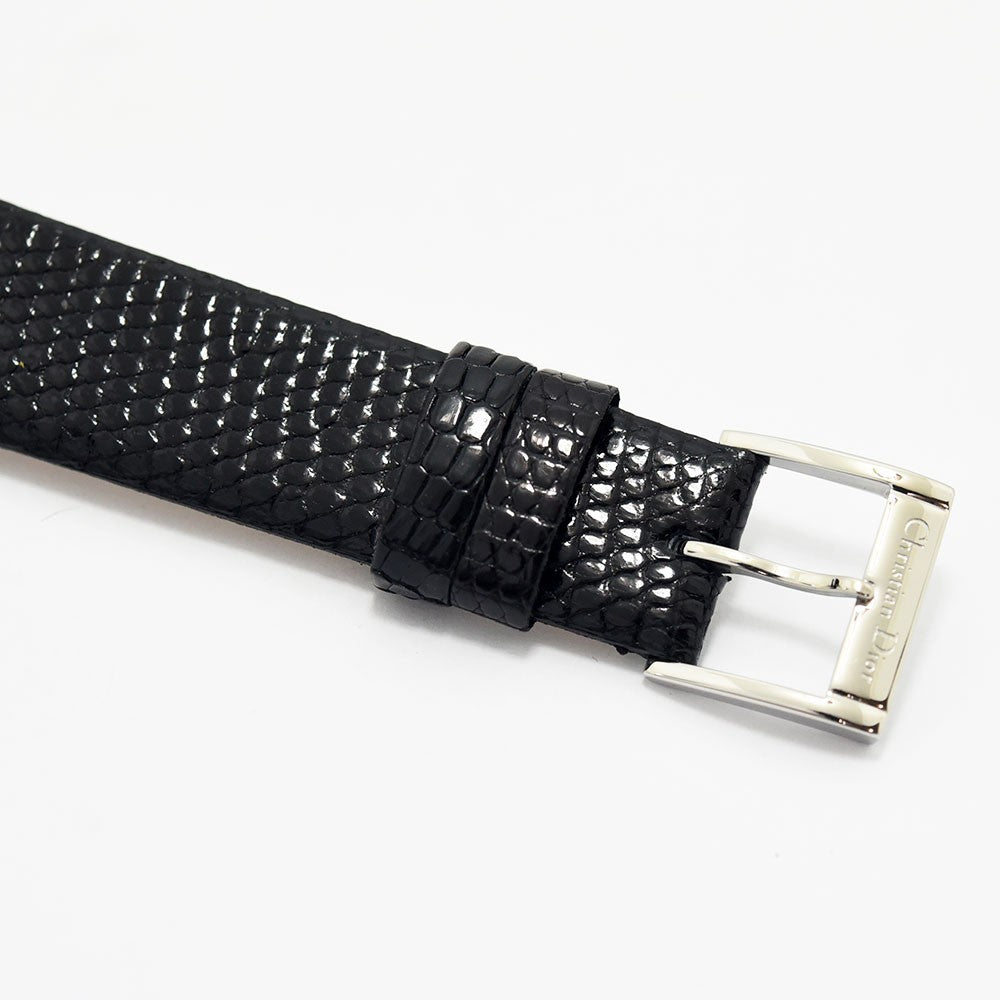 VINTAGE WATCHES FASHIONのChristian Diorレディース腕時計用ブラックレザーベルト。型押し加工が施された高級感のあるデザイン。