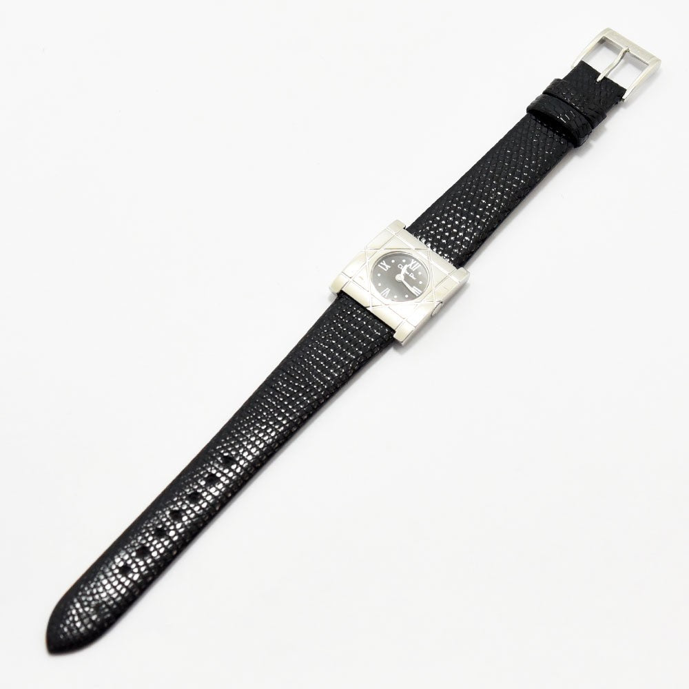 VINTAGE WATCHES FASHIONのChristian Diorレディース腕時計。カナージュ模様のスクエアケースとブラックレザーベルトが特徴の洗練されたアナログ時計。