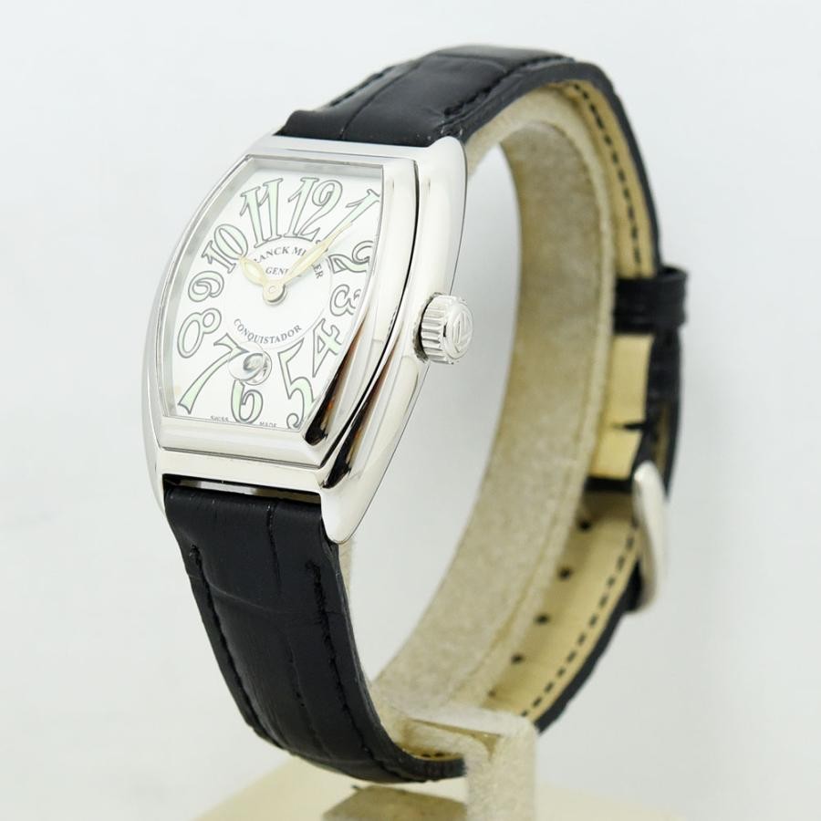 VINTAGE WATCHES FASHION フランクミュラー コンキスタドール レディース クォーツ時計。シルバーケース、ブラッククロコダイルレザーストラップ。