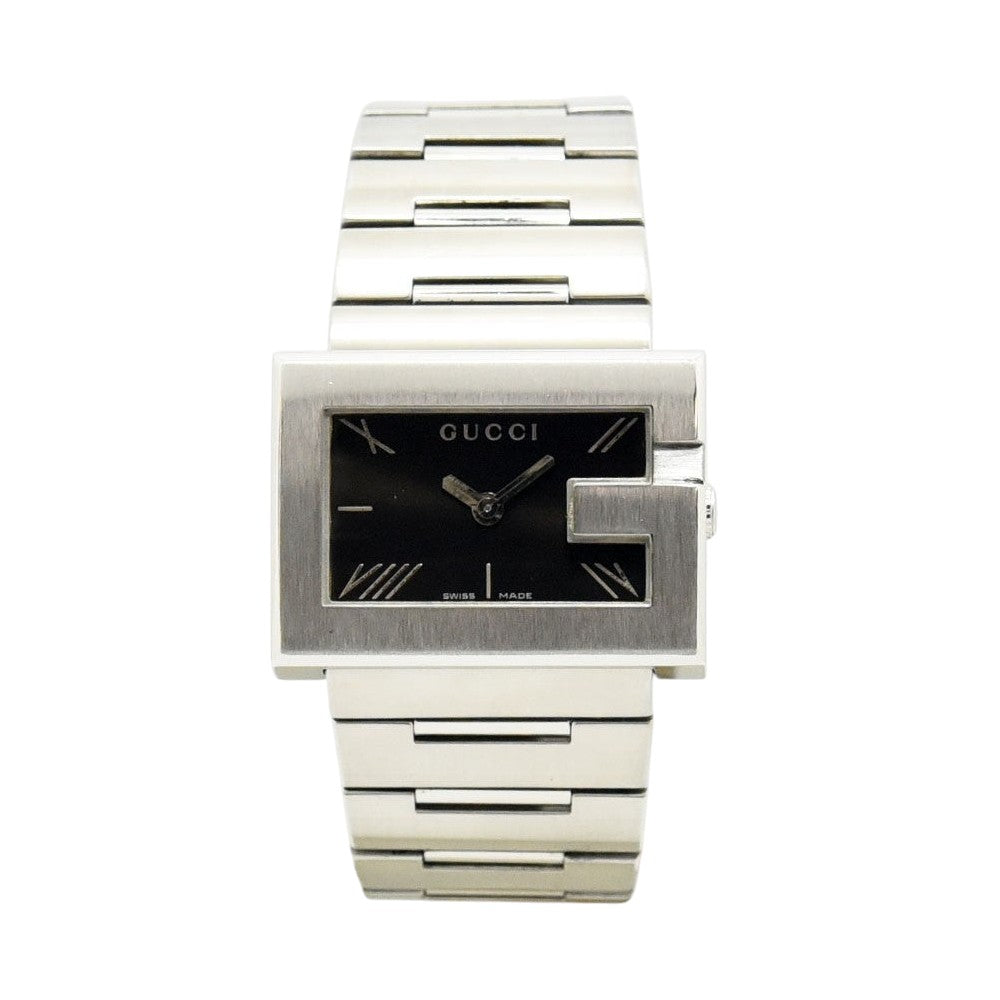 VINTAGE WATCHES FASHIONのGUCCI 100Lレディース腕時計。シルバーのステンレススチール製ブレスレットとブラックの文字盤、アイコニックなGロゴデザインが特徴。