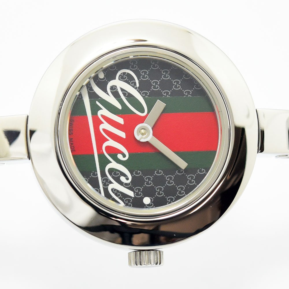 VINTAGE WATCHES FASHIONのGucciレディースバングルウォッチ。GGパターンとウェブストライプが特徴のシルバー製腕時計。