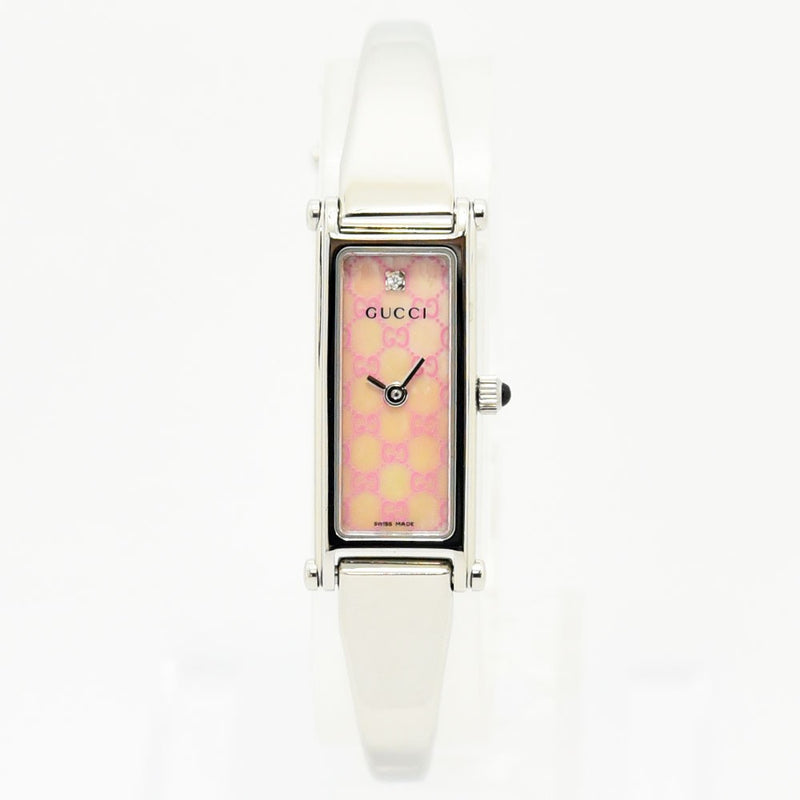 VINTAGE WATCHES FASHIONのGUCCI 1500Lバングルウォッチ。ピンクのGG柄文字盤にダイヤモンドが輝くステンレス製腕時計。