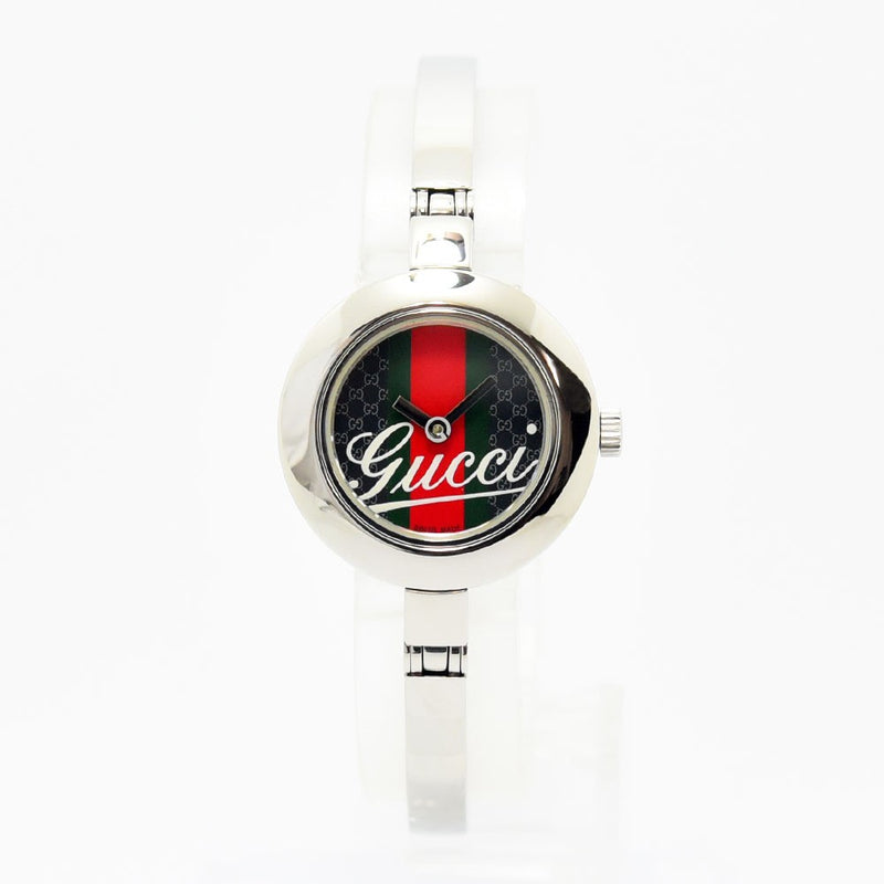 VINTAGE WATCHES FASHIONのGucciレディースバングルウォッチ。シルバーのステンレス製で、GGパターンとウェブストライプが特徴的な文字盤。