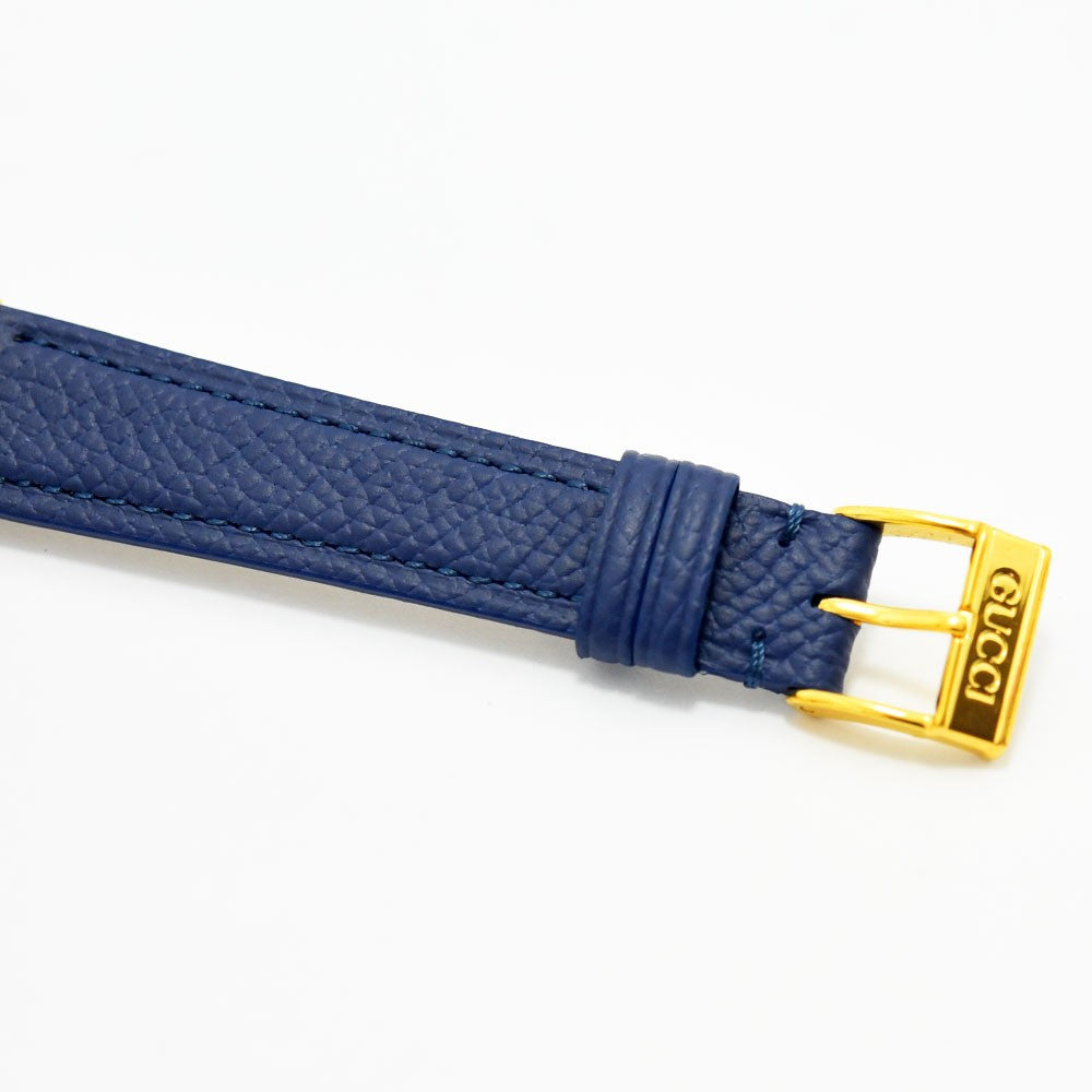 VINTAGE WATCHES FASHIONのGucciレディース腕時計用ブルーレザーベルト、ゴールドトーンのロゴ入りバックル付き