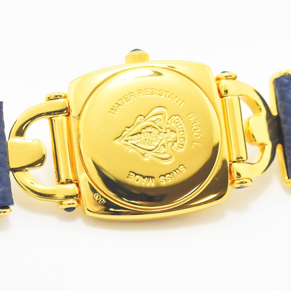 VINTAGE WATCHES FASHIONのGucciレディース腕時計、ゴールドトーンのケース裏蓋とブルーのレザーベルト