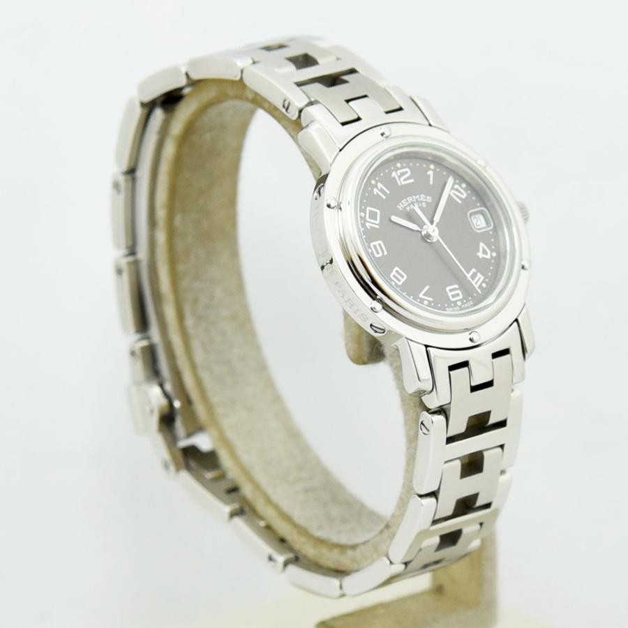 VINTAGE WATCHES FASHION エルメス クリッパー クオーツ レディース腕時計。ダークグレー文字盤、アラビア数字インデックス、日付表示、ブラウンベゼル、ステンレススチール製ブレスレット。