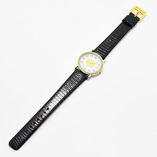 VINTAGE WATCHES FASHIONのHermèsヴィンテージクォーツ腕時計。シルバーとゴールドのケースにブラックの型押しレザーベルトが上品なデザイン