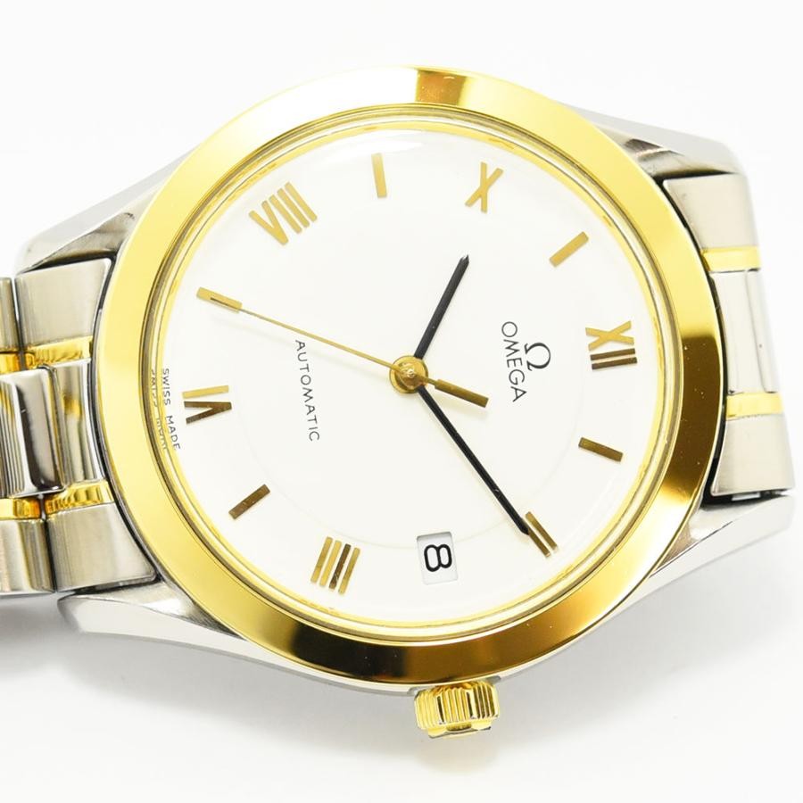 VINTAGE WATCHES FASHION オメガ 自動巻き メンズ腕時計。シルバーとゴールドのコンビネーション、ホワイト文字盤、ローマ数字インデックス、日付表示窓付き。