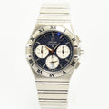 VINTAGE WATCHES FASHIONのOMEGAコンステレーション、ネイビー文字盤とステンレススチール製ブレスレットを備えたクロノグラフ腕時計