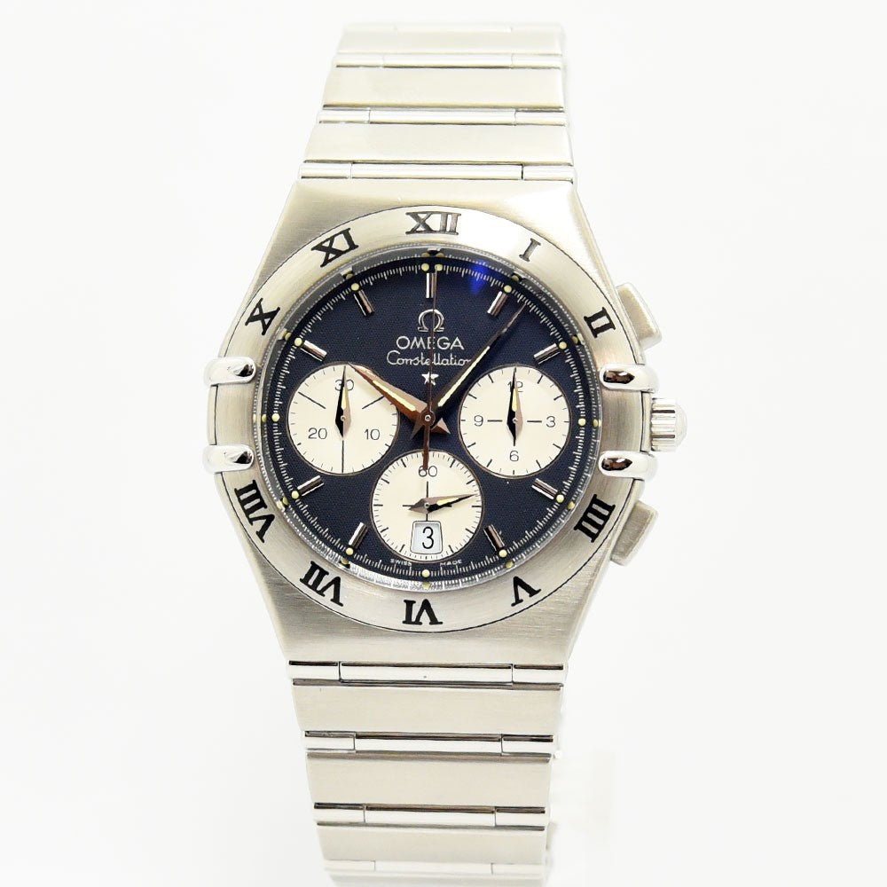 VINTAGE WATCHES FASHIONのOMEGAコンステレーション、ネイビー文字盤とステンレススチール製ブレスレットを備えたクロノグラフ腕時計