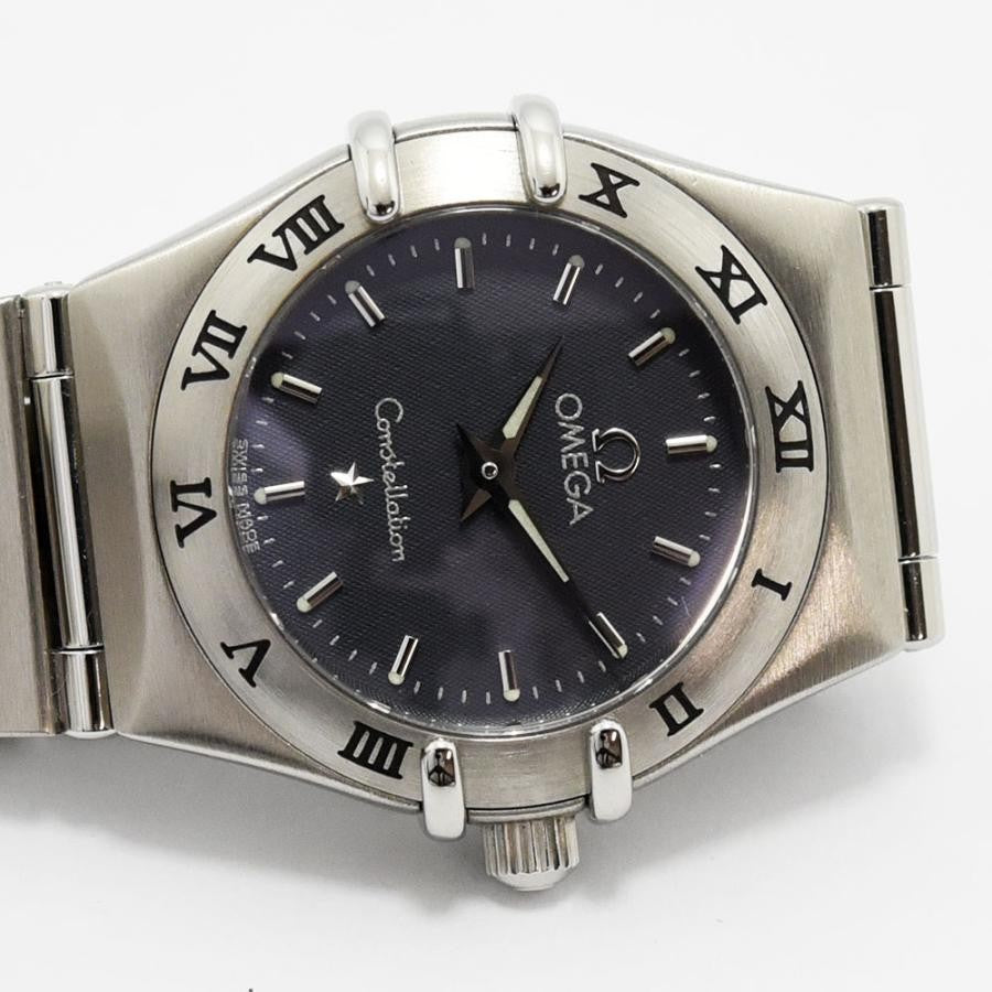 VINTAGE WATCHES FASHION オメガ コンステレーション レディース クォーツ腕時計。ダークグレーの文字盤、ローマ数字インデックス、ステンレススチール製ケースとブレスレット。