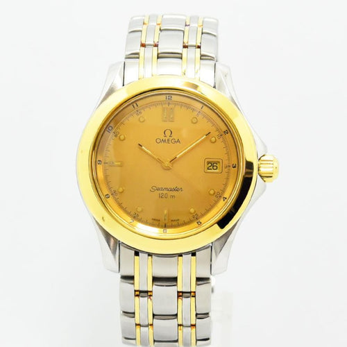 VINTAGE WATCHES FASHIONのOMEGAシーマスター120m。ゴールド文字盤とステンレス＆ゴールドのコンビブレスレットが特徴の高級ヴィンテージ腕時計
