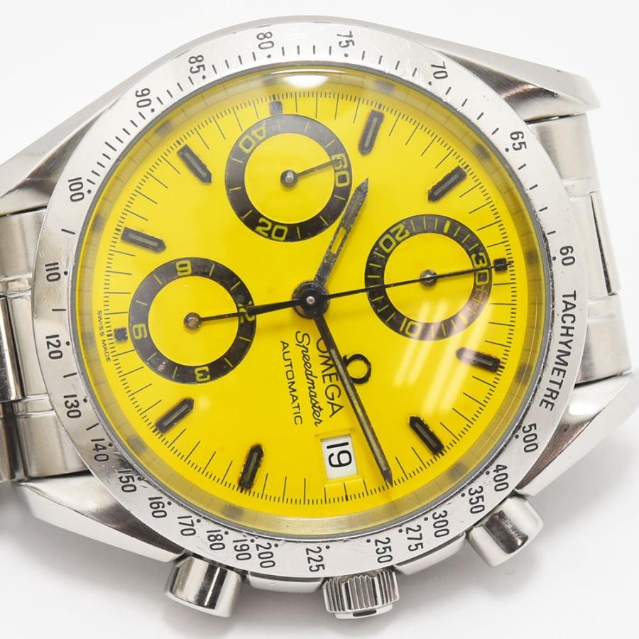 VINTAGE WATCHES FASHION オメガ スピードマスター 自動巻きクロノグラフ、鮮やかなイエローダイヤル、ステンレススチール製、タキメーターベゼル