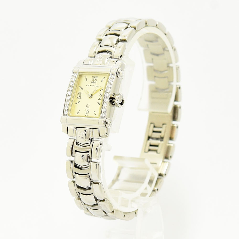 VINTAGE WATCHES FASHIONのフィリップ・シャリオール コロンブス レディース腕時計。ダイヤモンドベゼルとクリーム色の文字盤が輝くステンレス製スクエアウォッチ