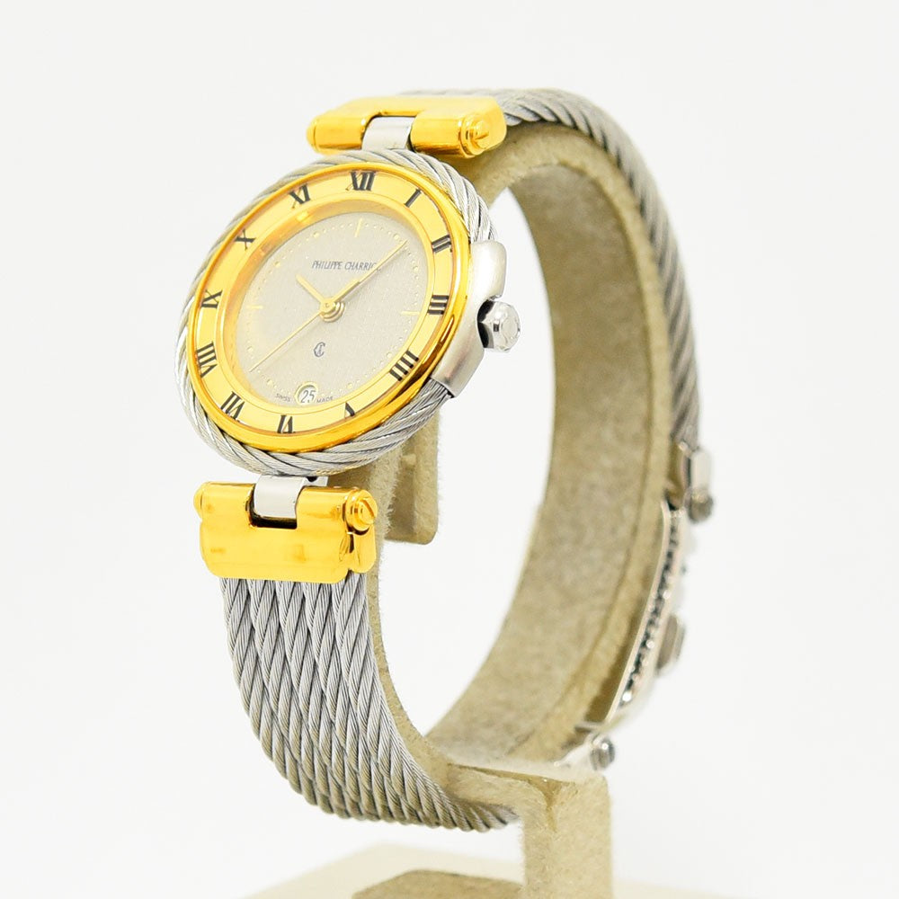 VINTAGE WATCHES FASHIONのフィリップ・シャリオール製レディース腕時計。ゴールドベゼルとシルバーのワイヤーバンドが特徴的なクォーツ式アナログ時計。