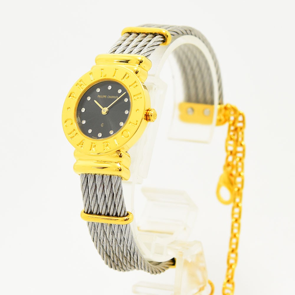 VINTAGE WATCHES FASHIONのPhilippe Charriolレディース腕時計。ゴールドベゼルとシルバーのワイヤーケーブルブレスレット、ストーン付きブラック文字盤が特徴。