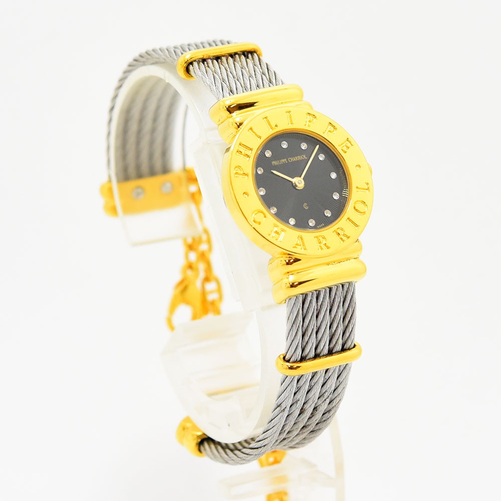 VINTAGE WATCHES FASHIONのPhilippe Charriolレディース腕時計。ゴールドベゼルとシルバーのワイヤーケーブルブレスレット、ストーン付きブラック文字盤が特徴。