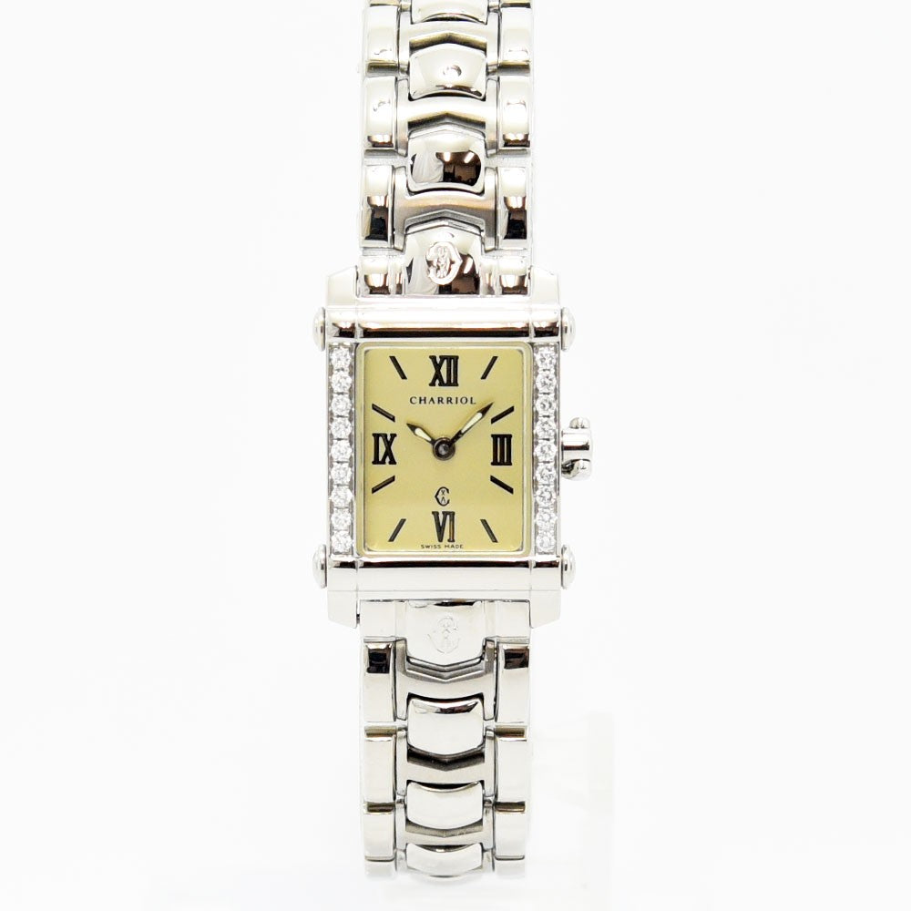 VINTAGE WATCHES FASHIONのフィリップ・シャリオール コロンブス レディース腕時計。ダイヤモンドベゼルとクリーム色の文字盤が特徴のステンレス製スクエアウォッチ。