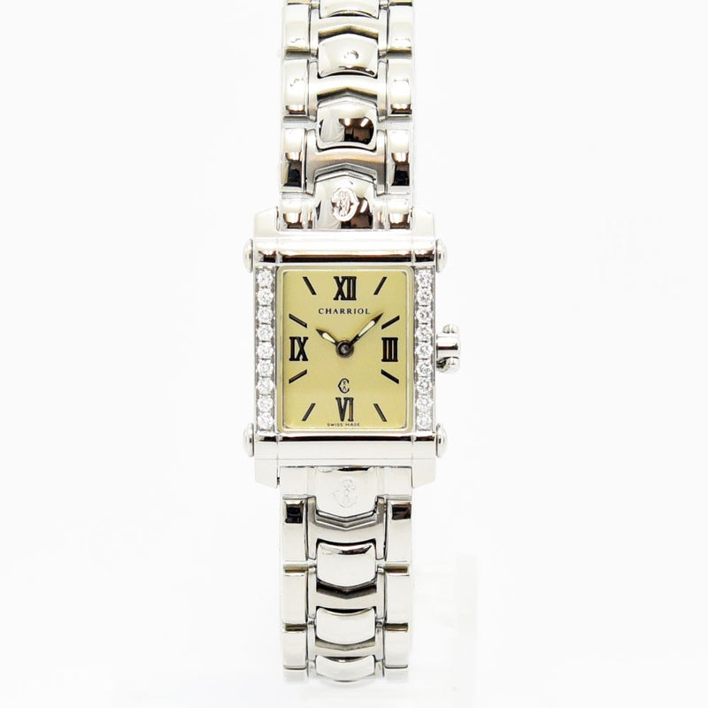 VINTAGE WATCHES FASHIONのフィリップ・シャリオール コロンブス レディース腕時計。ダイヤモンドベゼルとクリーム色の文字盤が特徴のステンレス製スクエアウォッチ。