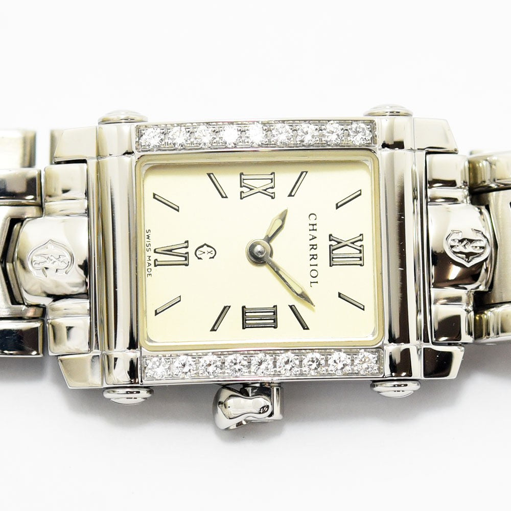 VINTAGE WATCHES FASHIONのフィリップ・シャリオール コロンブス レディース腕時計。ダイヤモンドベゼルとクリーム色の文字盤が輝くスクエア型ステンレススチール製ウォッチ
