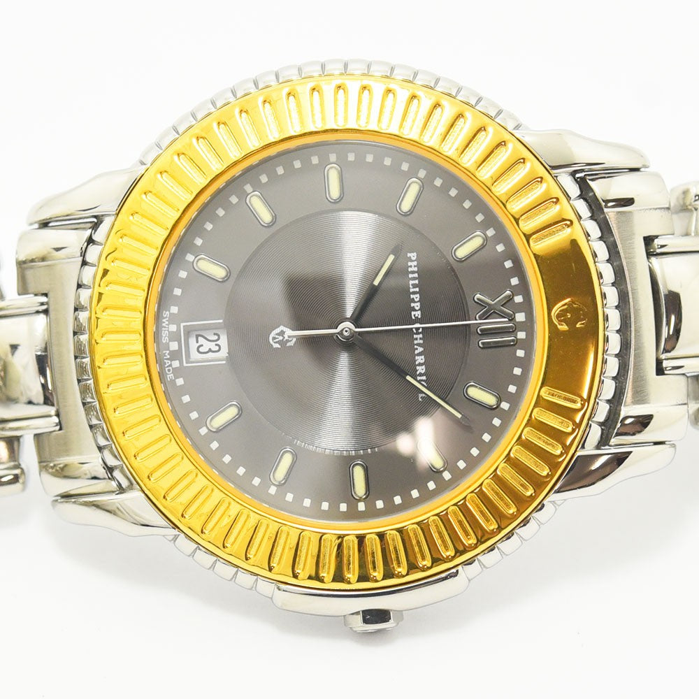 VINTAGE WATCHES FASHIONのフィリップ・シャリオール製ステンレススチール腕時計。ゴールドベゼルとグレー文字盤が特徴の高級感あるスイス製タイムピース