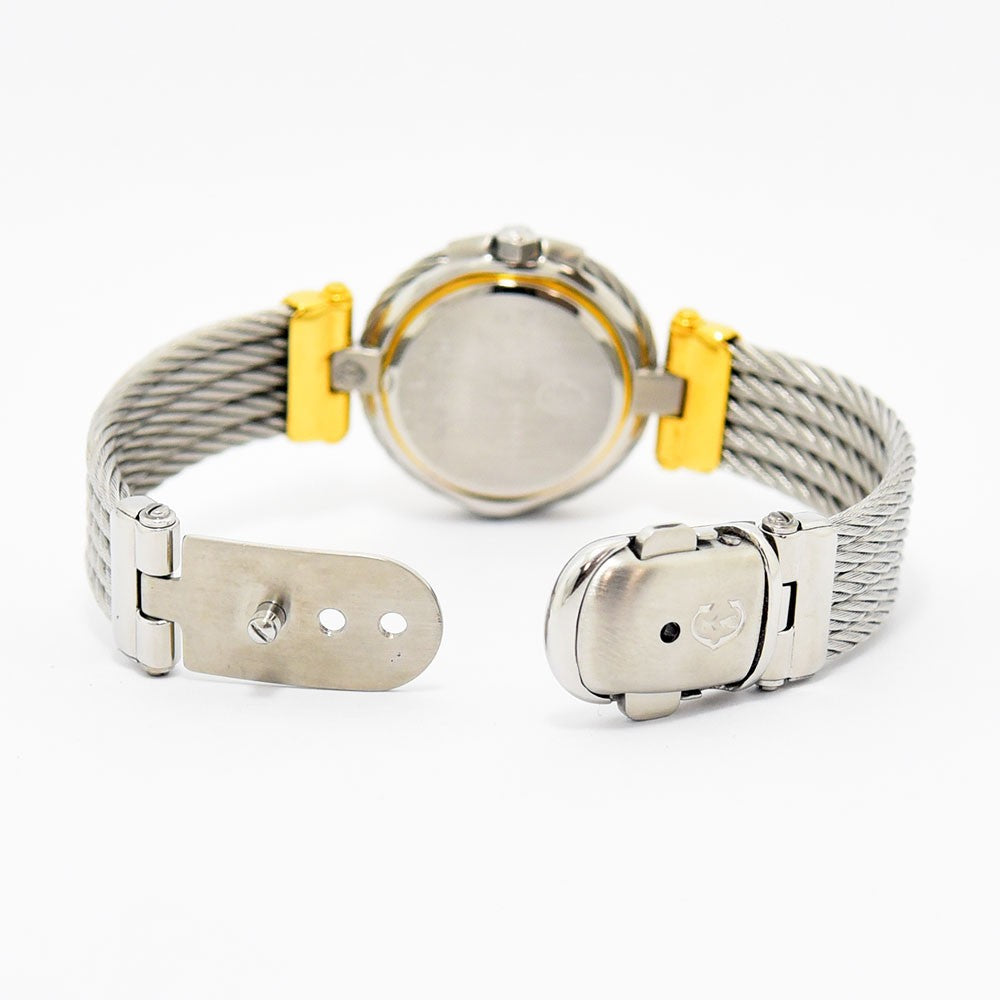 VINTAGE WATCHES FASHIONのフィリップ・シャリオール製レディース腕時計、ワイヤーモチーフのシルバーブレスレットとゴールドの留め具が特徴的な背面ビュー