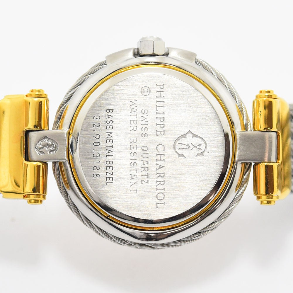 VINTAGE WATCHES FASHIONのPhilippe Charriolレディース腕時計の裏蓋。スイス製クォーツの刻印とワイヤーモチーフのブレスレット接続部が見える。