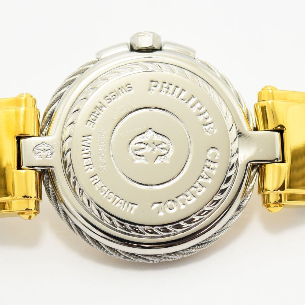 VINTAGE WATCHES FASHIONのフィリップ・シャリオール腕時計の裏蓋。シルバーとゴールドのコンビカラーで、ブランドロゴとスイスメイドの刻印が施された高級感あるデザイン。