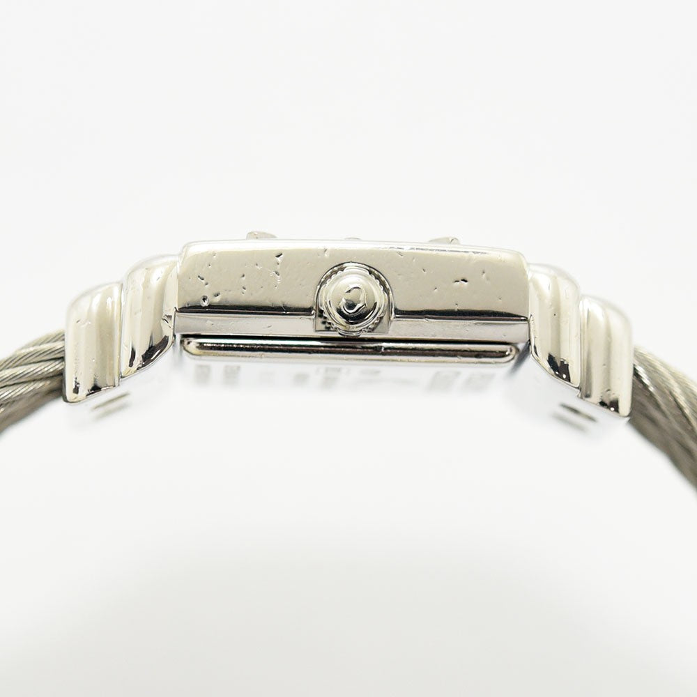 VINTAGE WATCHES FASHIONのフィリップ・シャリオール製レディース腕時計。シルバーのワイヤーケーブルブレスレットとスクエアケースの側面。