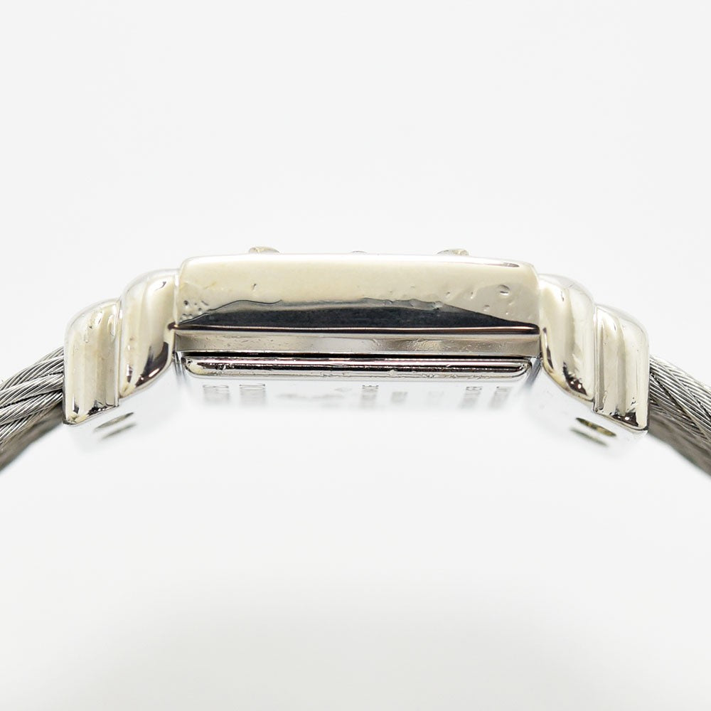 VINTAGE WATCHES FASHIONのフィリップ・シャリオール製レディース腕時計、シルバーのワイヤーケーブルブレスレットとスクエアケースの側面