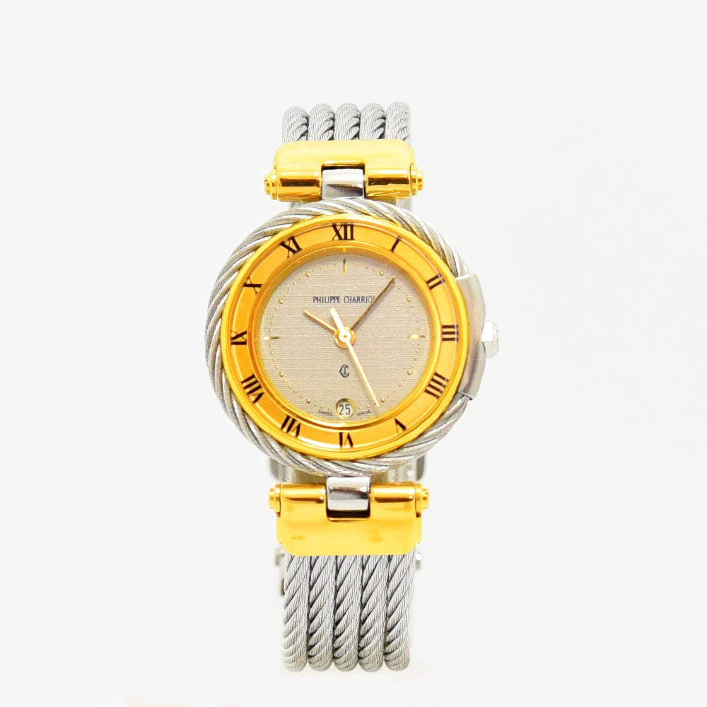 VINTAGE WATCHES FASHIONのPhilippe Charriolレディース腕時計。ゴールドベゼルとシルバーのワイヤーバンドが特徴的なクォーツ式アナログ時計。