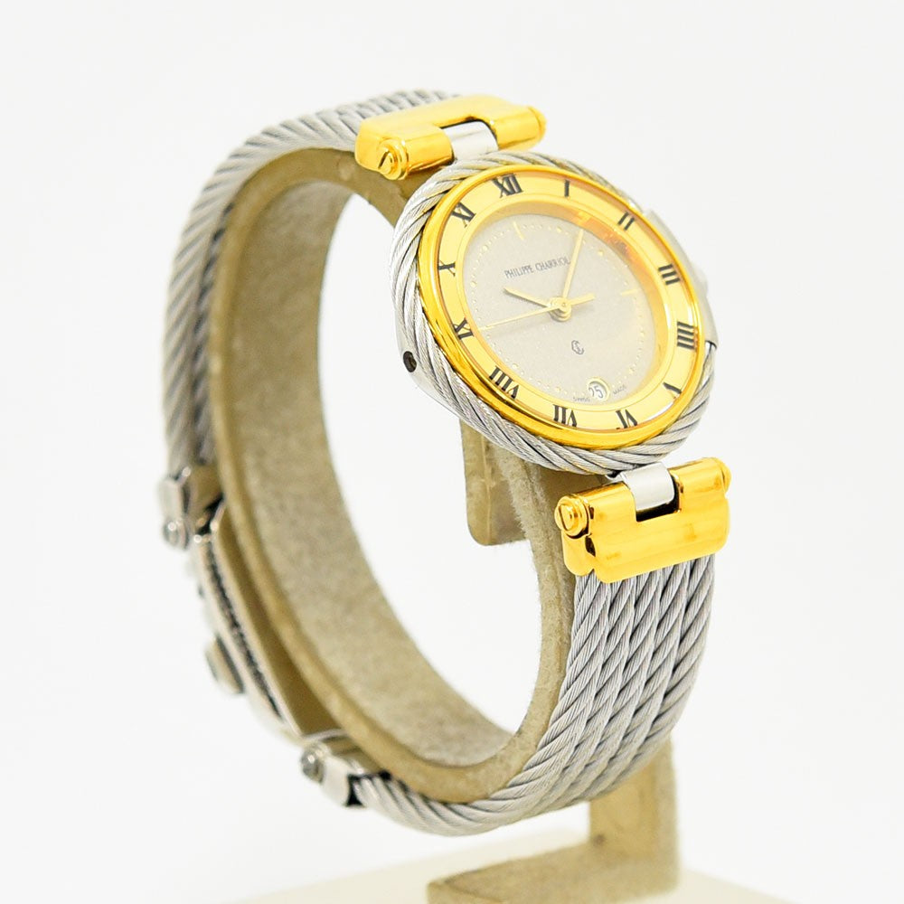 VINTAGE WATCHES FASHIONのフィリップ・シャリオール製レディース腕時計。ゴールドベゼルとシルバーのワイヤーバンドが特徴的なクォーツ式アナログ時計。