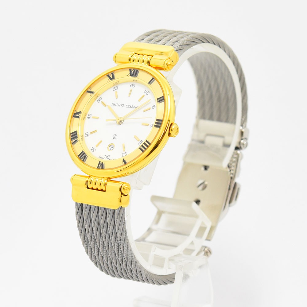 VINTAGE WATCHES FASHIONのPHILIPPE CHARRIOLレディース腕時計。ゴールドベゼルとシルバーのワイヤーバンドが特徴的なエレガントなデザイン。
