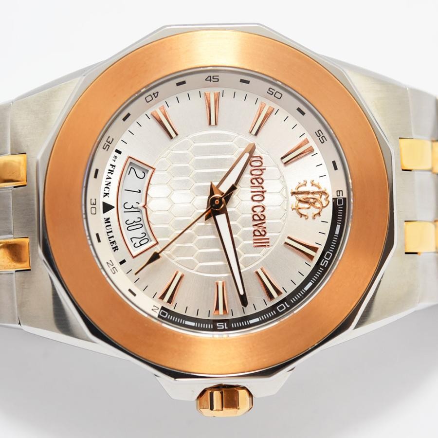 VINTAGE WATCHES FASHION ロベルト・カヴァリ メンズ腕時計。ステンレススチールとローズゴールドのコンビブレスレット、日付表示付きシルバー文字盤。