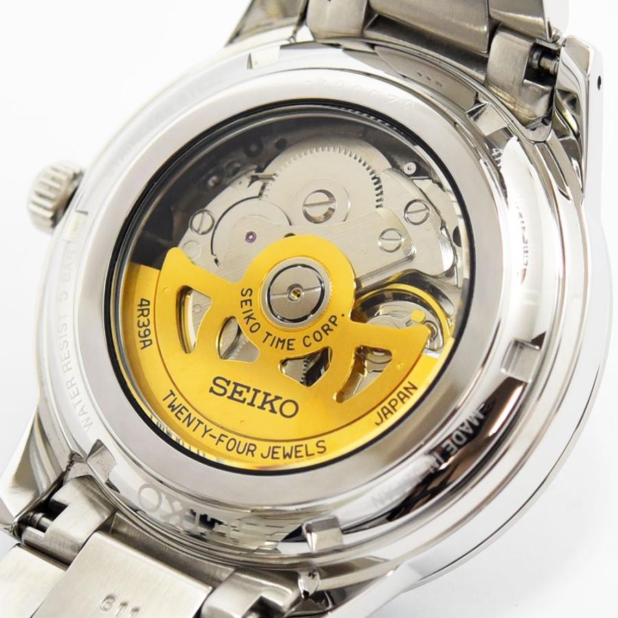 VINTAGE WATCHES FASHION プレザージュ 自動巻きメカニカルウォッチ。ゴールドローターとムーブメントが見えるシースルーバック。ステンレススチール製。
