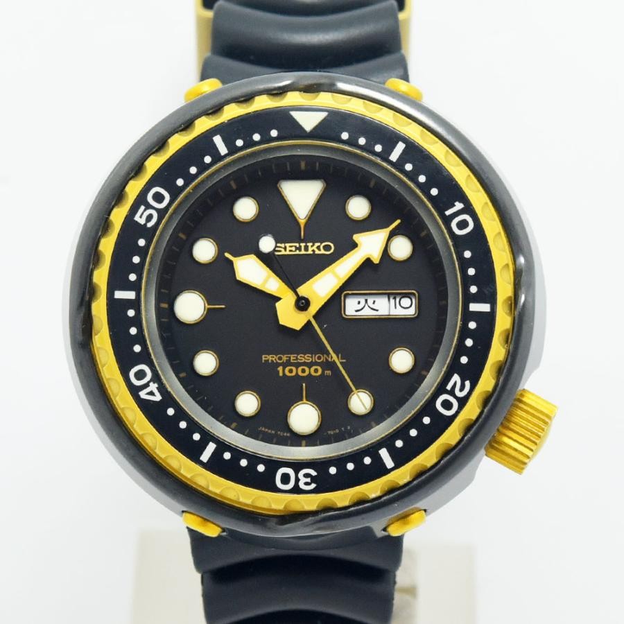 VINTAGE WATCHES FASHIONのSEIKOプロフェッショナル1000mダイバーズウォッチ。ブラックダイヤル、イエローインデックス、ラバーベルト。